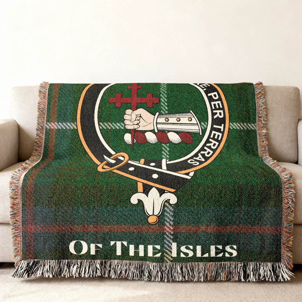 MacDonald of the Isles clan crest tartan woven throw blanket — fringe edges, 100% cotton
