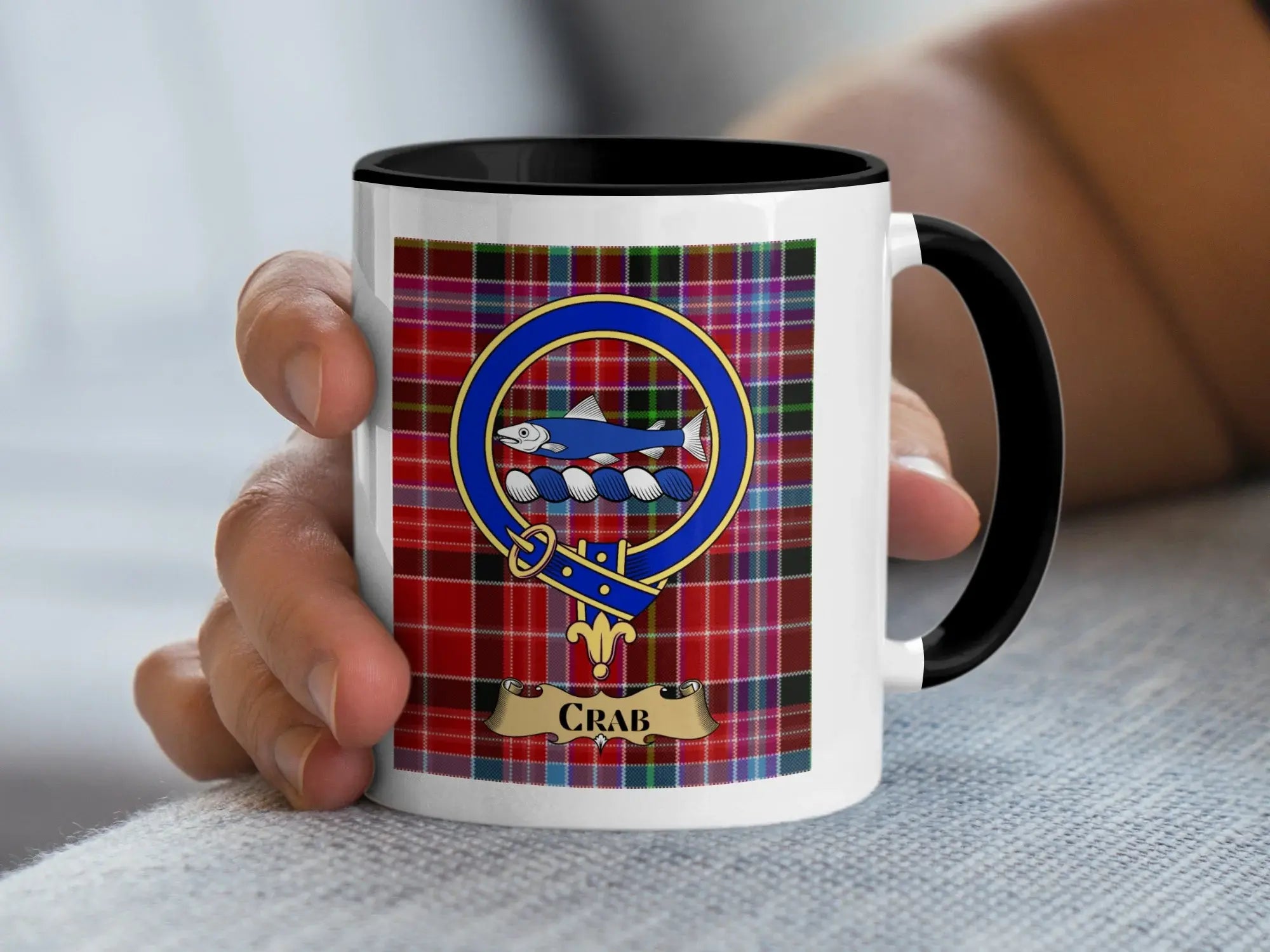 Crab tartan mug with a coloured accent handle and interior