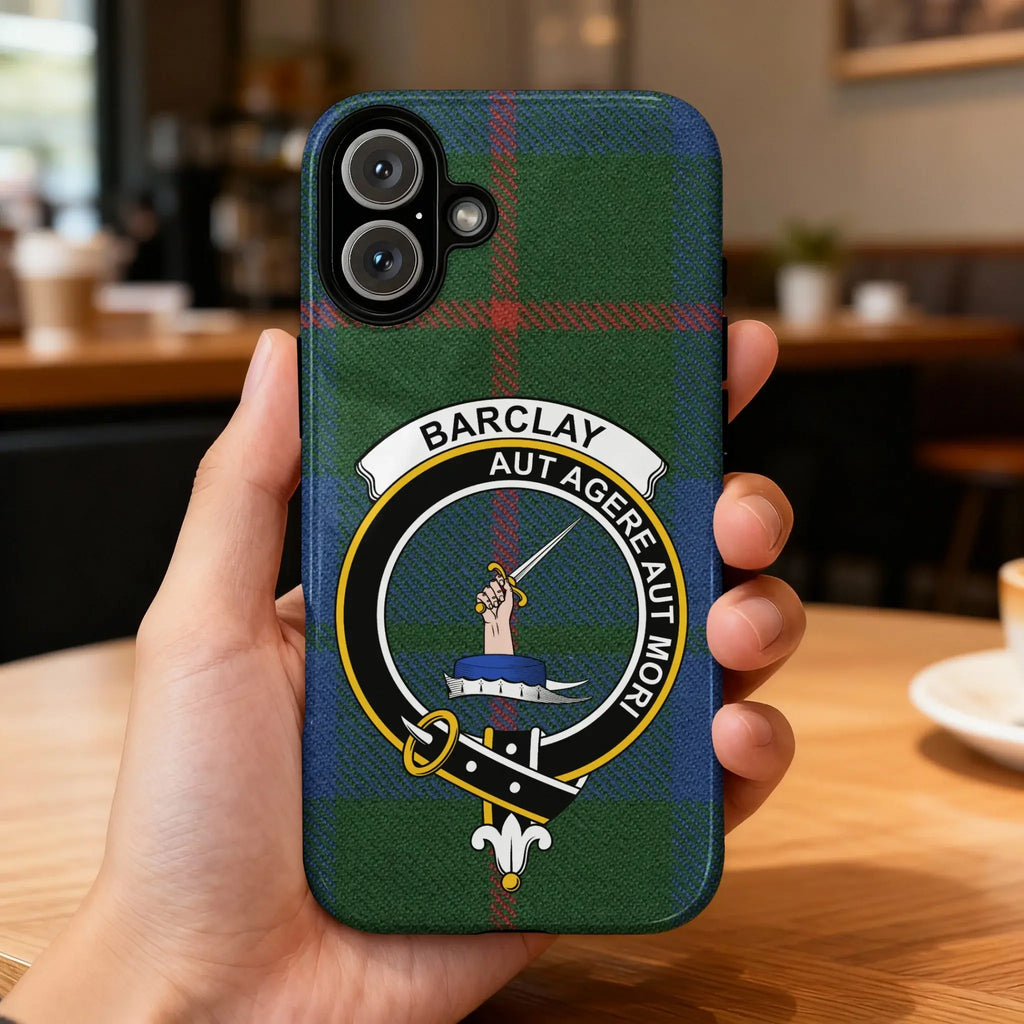 Clan Barclay tartan crest phone case on iPhone — Aut Agere Aut Mori design, glossy impact-resistant finish