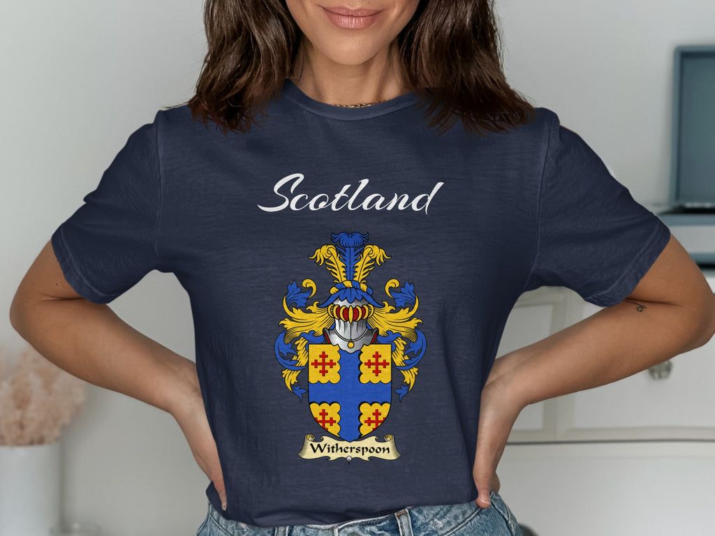 Witherspoon Scottish family shield design on Navy T-shirt