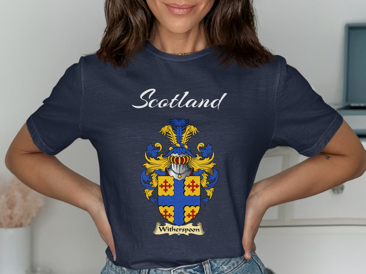 Witherspoon Scottish family shield design on Navy T-shirt