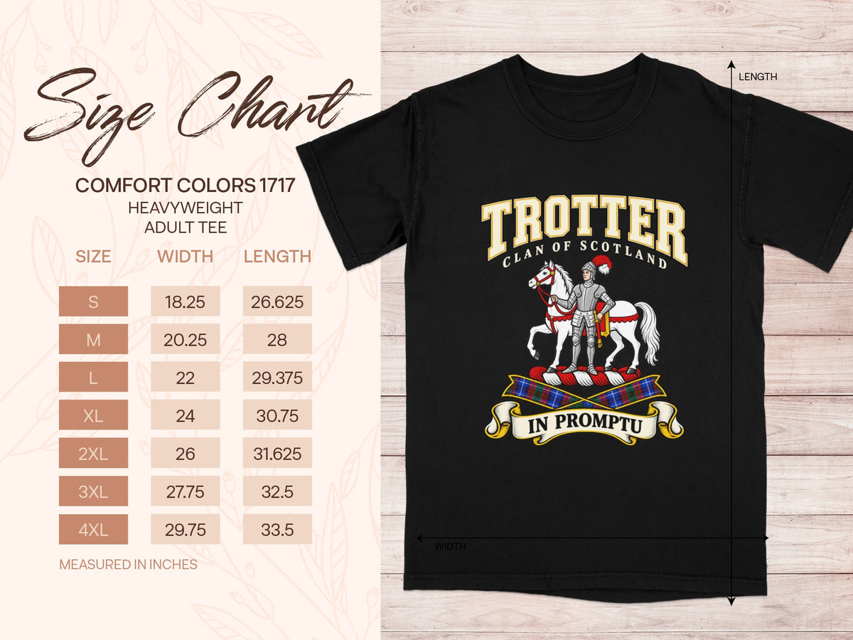 Comfort Colors 1717 size chart in inches with a black Trotter clan crest T-shirt preview
