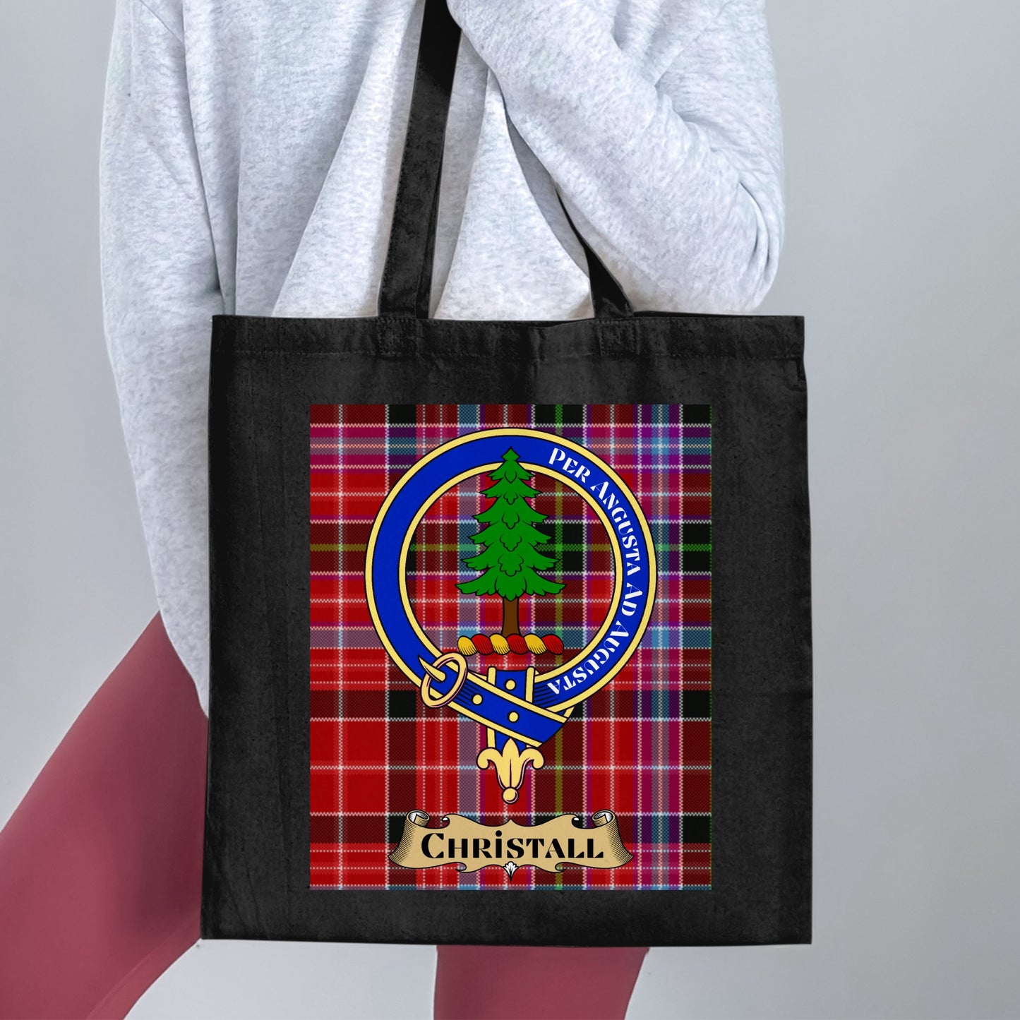 Christall Clan Crest on a Tartan Background Tote Bag - Living Stone Gifts