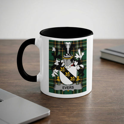 White mug with black handle featuring the Evers family crest.