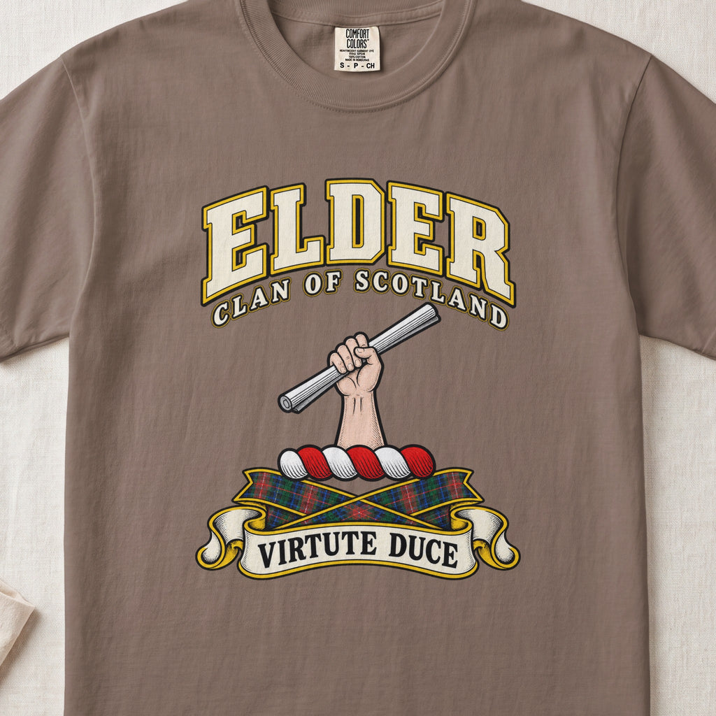 Elder Scottish clan T-shirt in Espresso, front view with a hand holding a silver rod and motto banner.