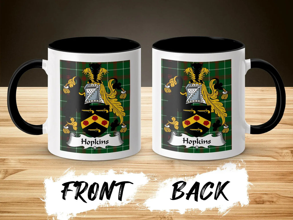 Hopkins Welsh surname coffee mug showing front and back with coat of arms design