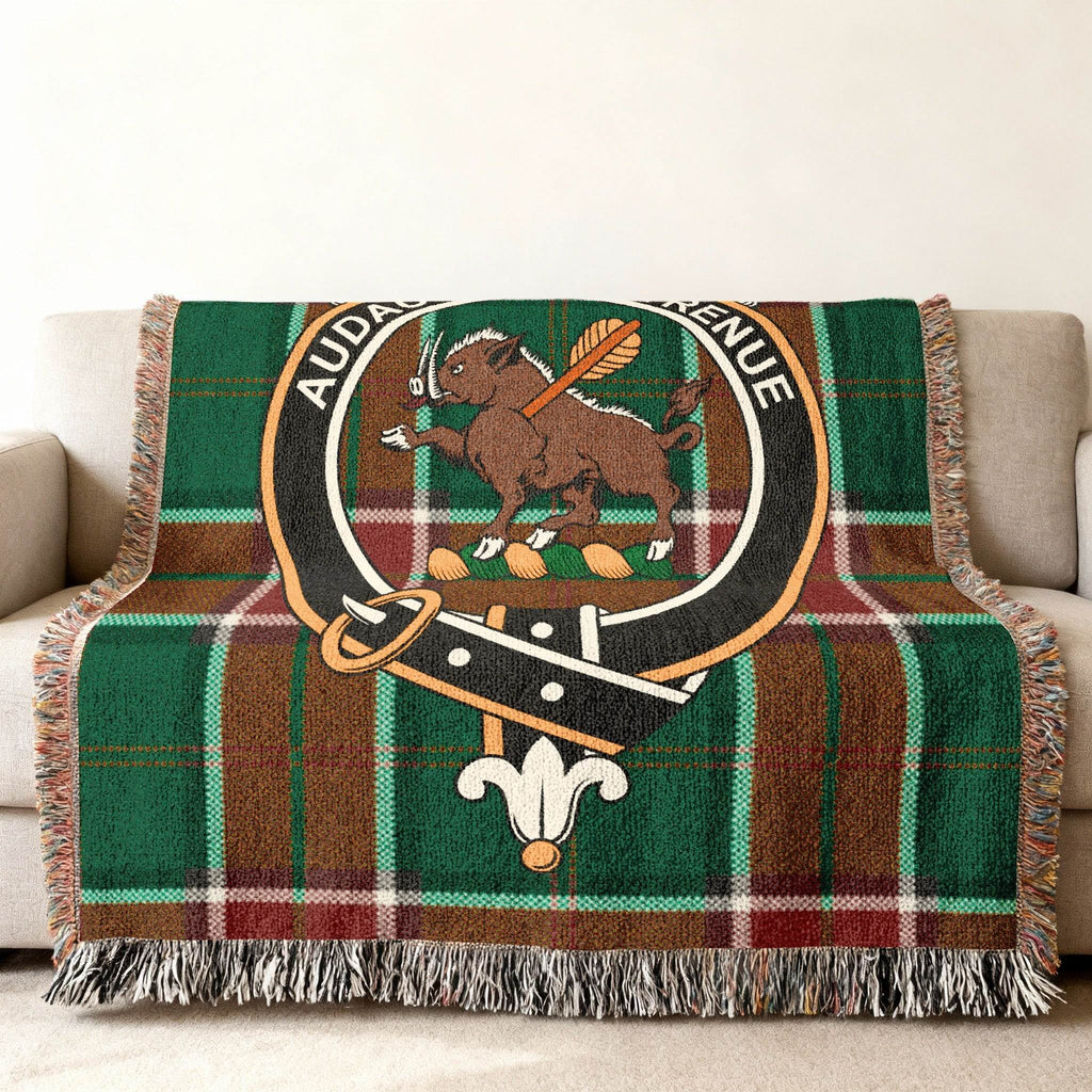Pollock tartan crest woven blanket — colourful plaid design, 52" x 37" size