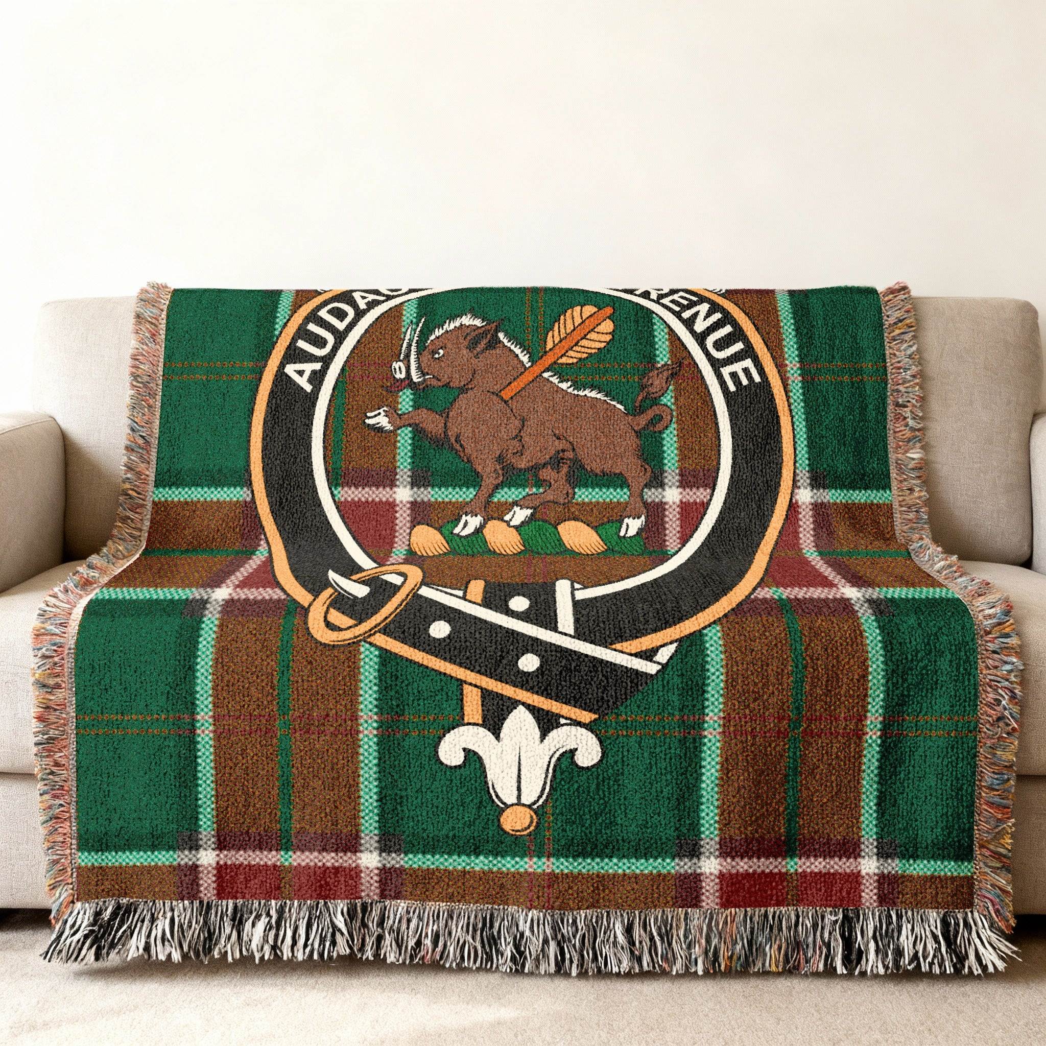 Pollock tartan crest woven blanket — colourful plaid design, 52" x 37" size