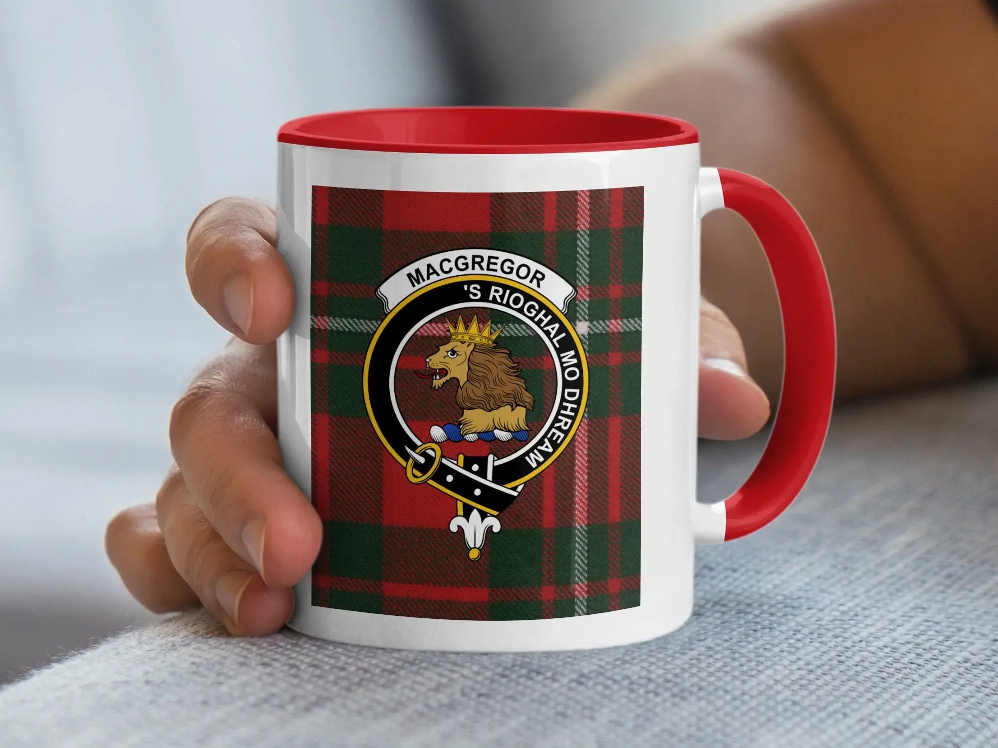MacGregor clan crest tartan design coffee mug — 11oz glossy white ceramic, Scottish heritage