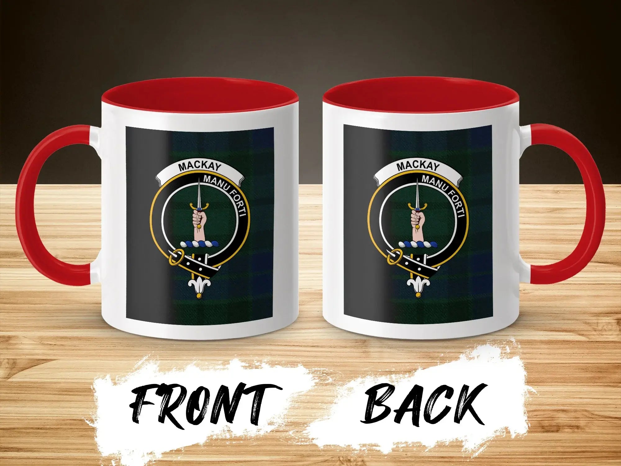 MacKay Manu Forti emblem ceramic mug — With a Strong Hand clan design on 11oz glossy ceramic