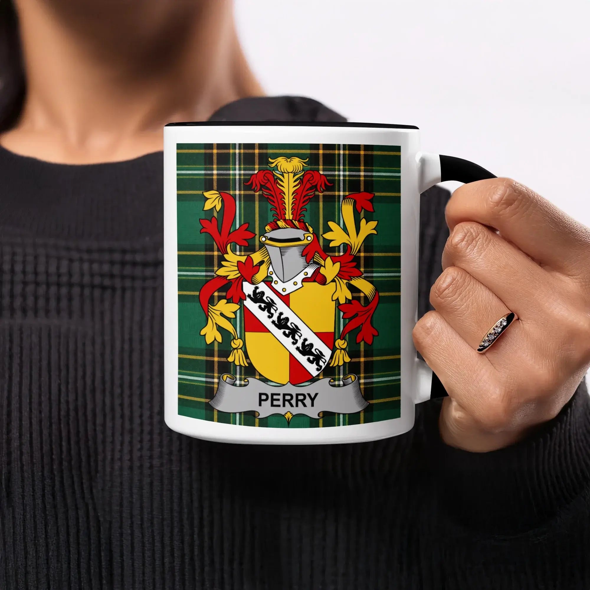 Perry black accent mug with Irish National Tartan and family crest