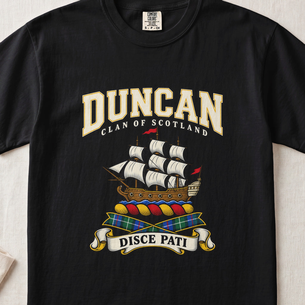 Duncan Scottish clan graphic T-shirt in Black, front view
