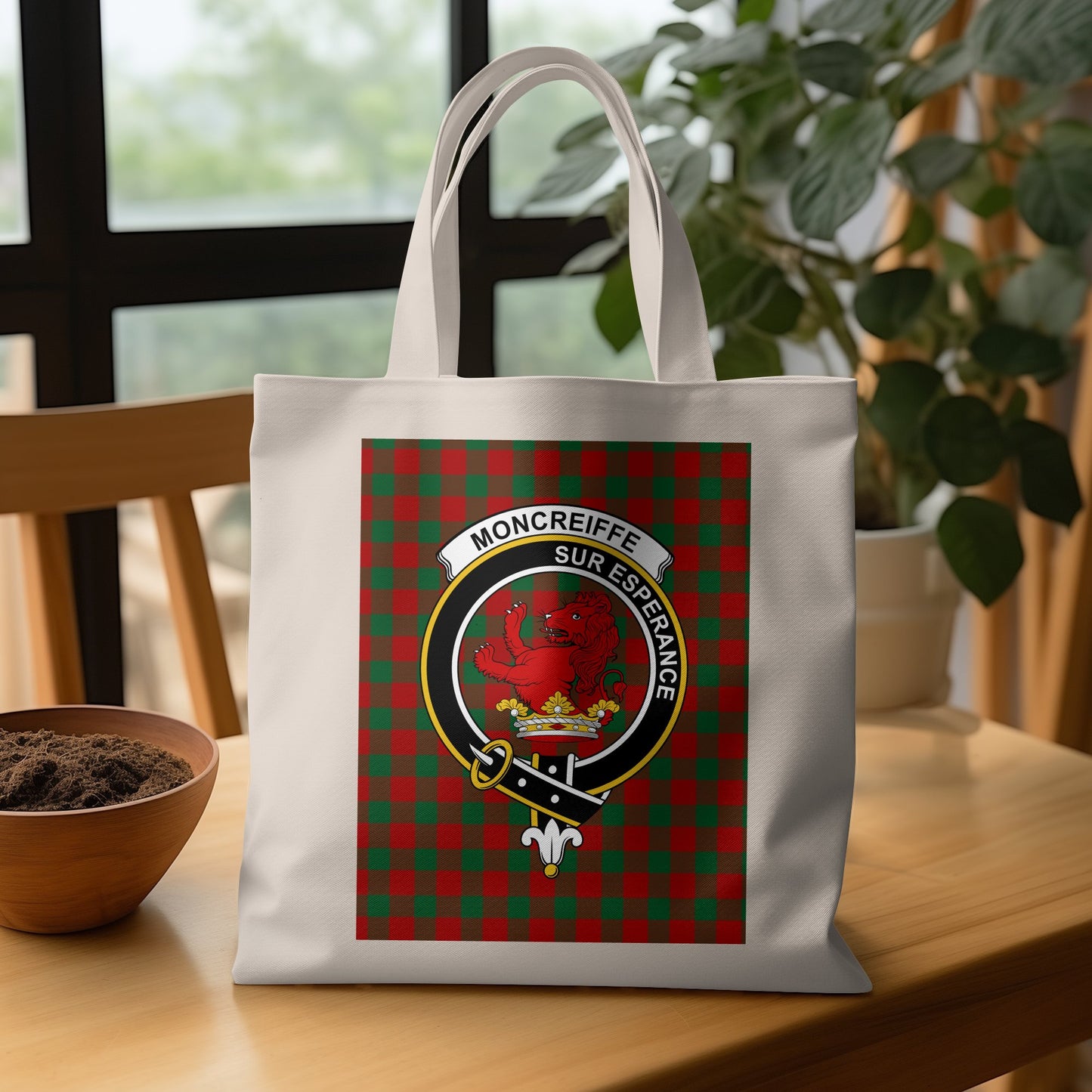 Moncreiffe Clan Crest on Tartan Background Tote Bag - Living Stone Gifts