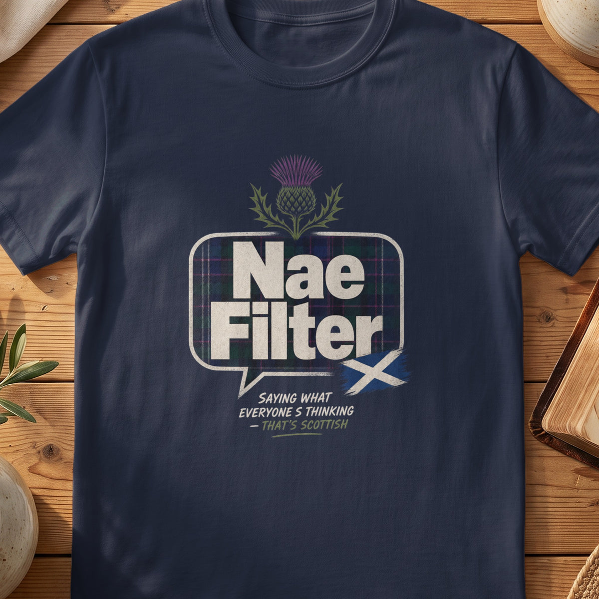 Navy Gildan 64000 unisex T-shirt flatlay with Nae Filter Scottish graphic design