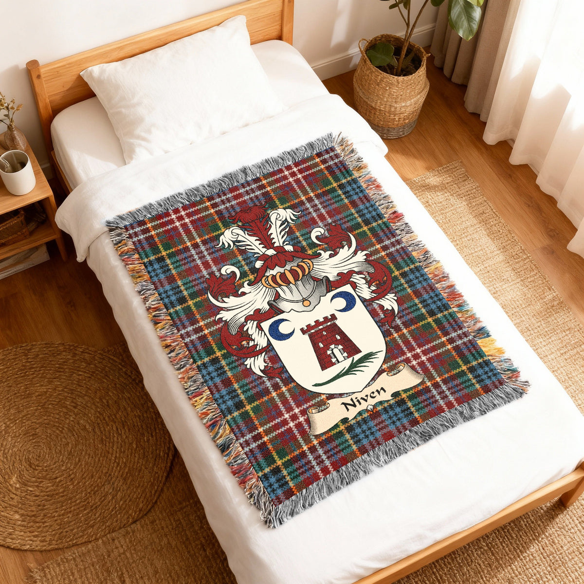 Niven Caledonia tartan heritage woven throw blanket with family shield