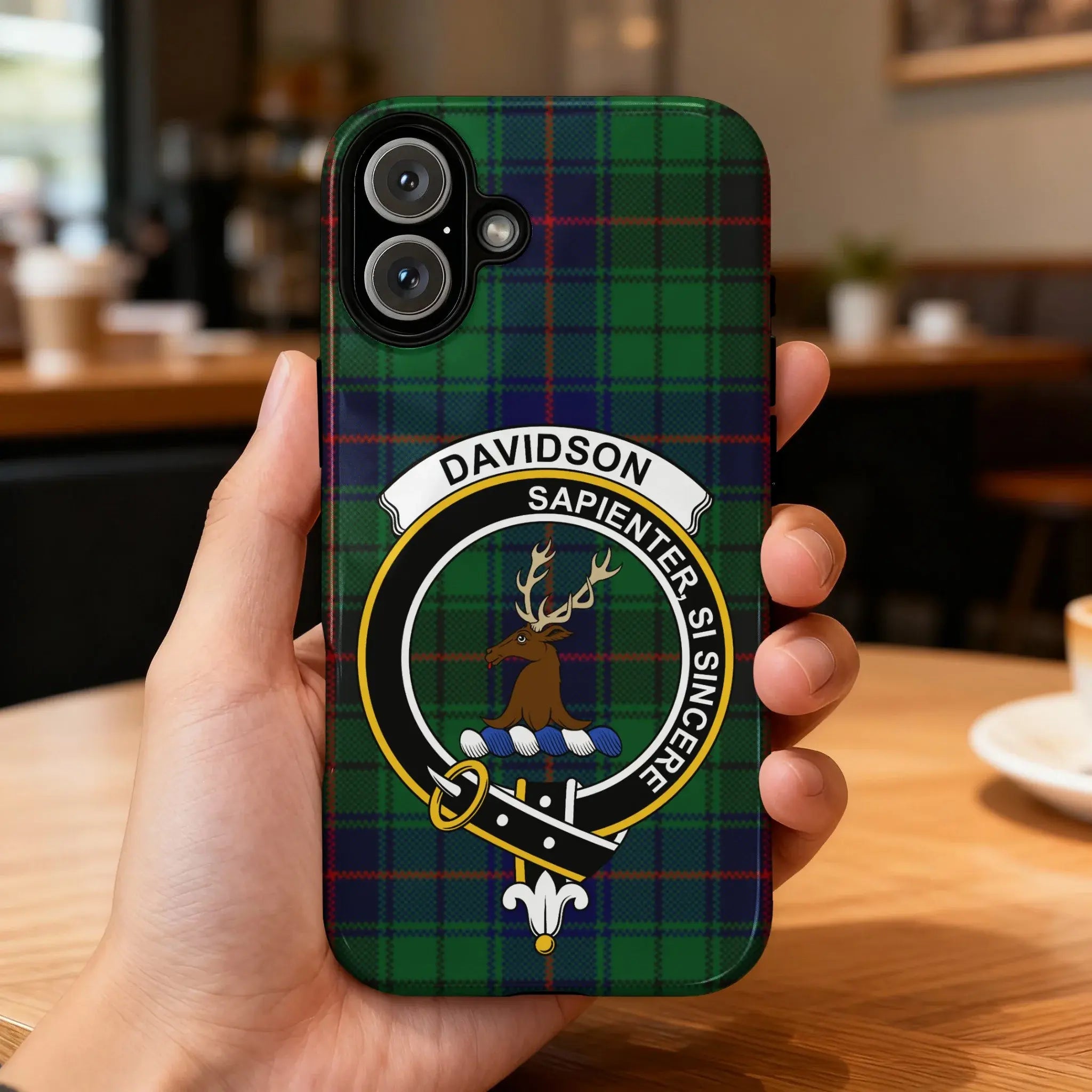 Davidson clan crest tartan phone case — edge-to-edge plaid design with Sapienter Si Sincere motto