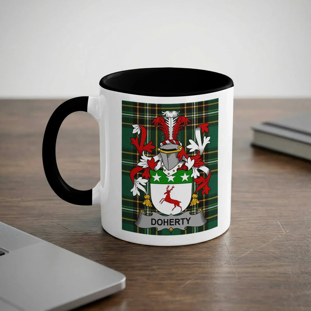 Mug with Doherty family crest on plaid background.