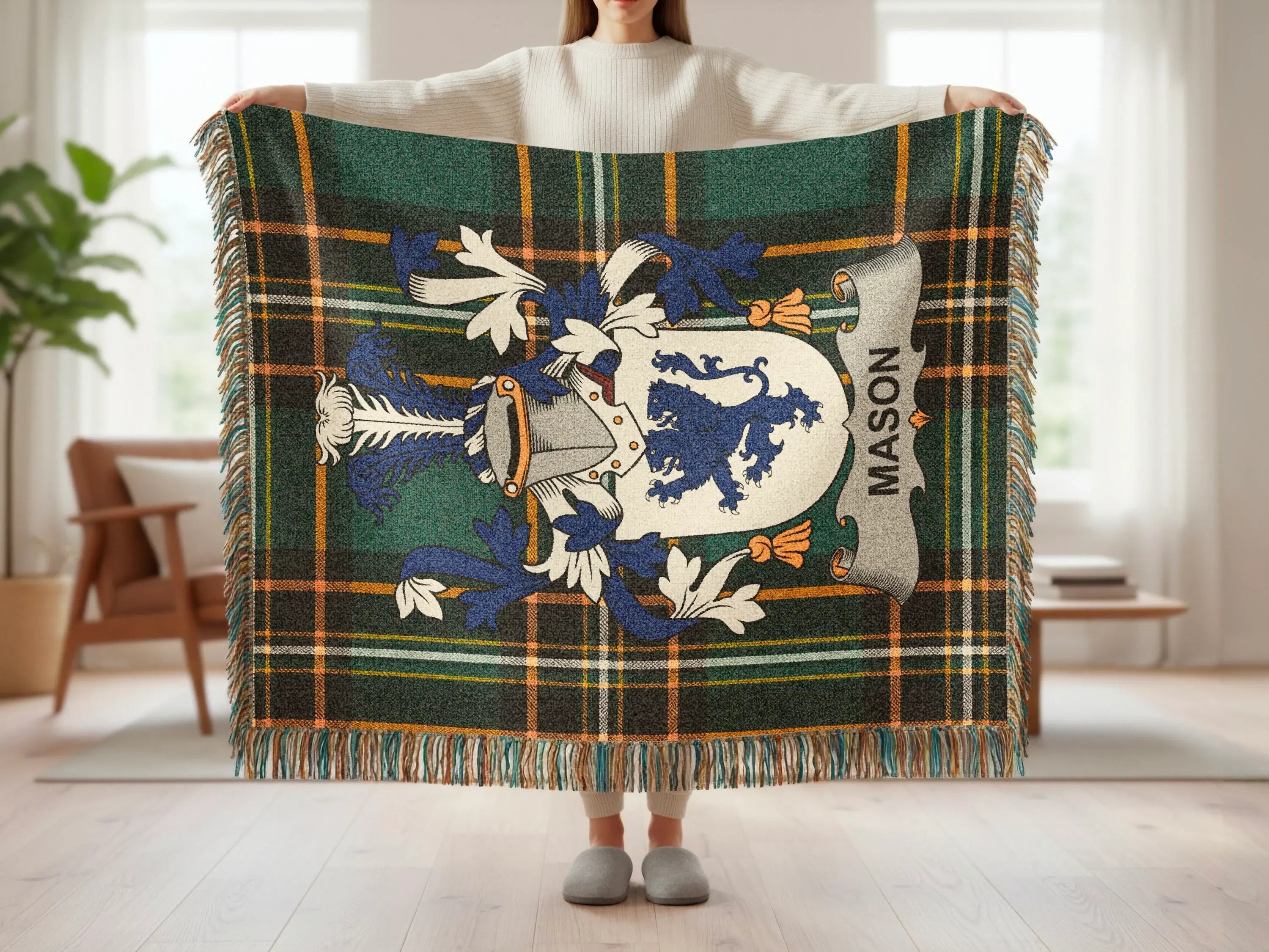 Tartan blanket with blue lion crest and "MASON" text displayed.