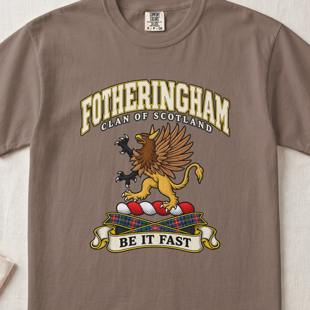 Fotheringham Scottish clan T-shirt in Espresso, front view with a brown and gold winged griffin and motto banner.