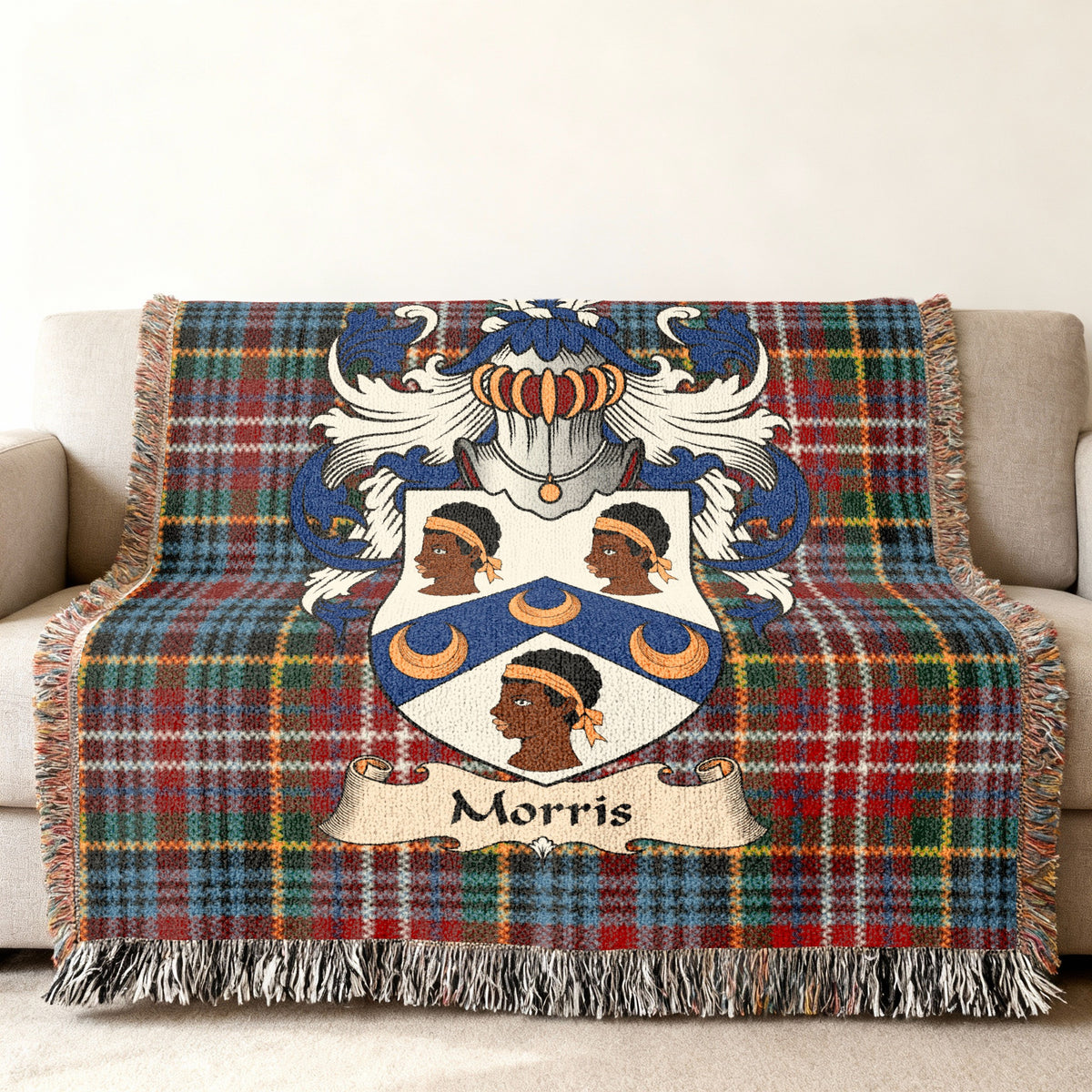 Morris Scottish family shield woven blanket on a Caledonia tartan background