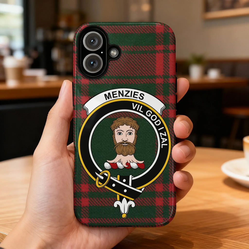 Menzies clan tartan phone case rear view — red and white Scottish clan crest wrap print