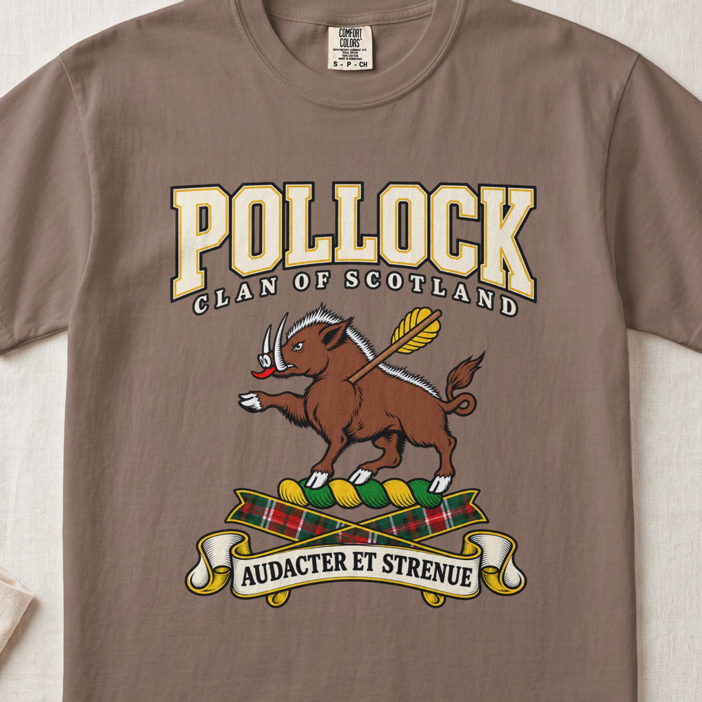 Pollock Scottish clan graphic T-shirt in Espresso, front view