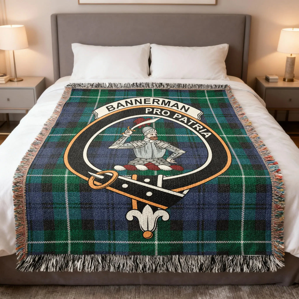 Clan Bannerman pro patria crest woven blanket — 100% cotton, sofa display