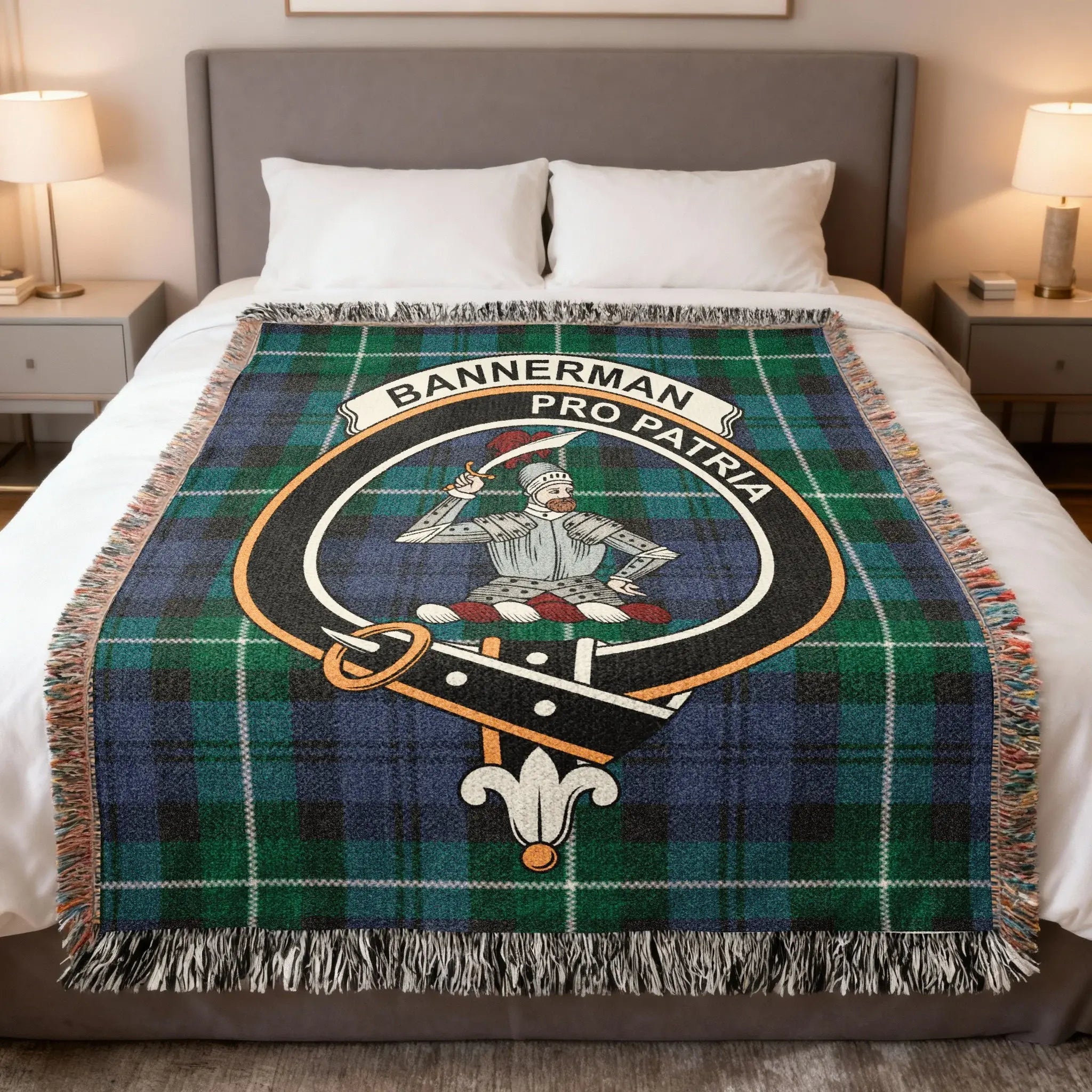 Clan Bannerman pro patria crest woven blanket — 100% cotton, sofa display