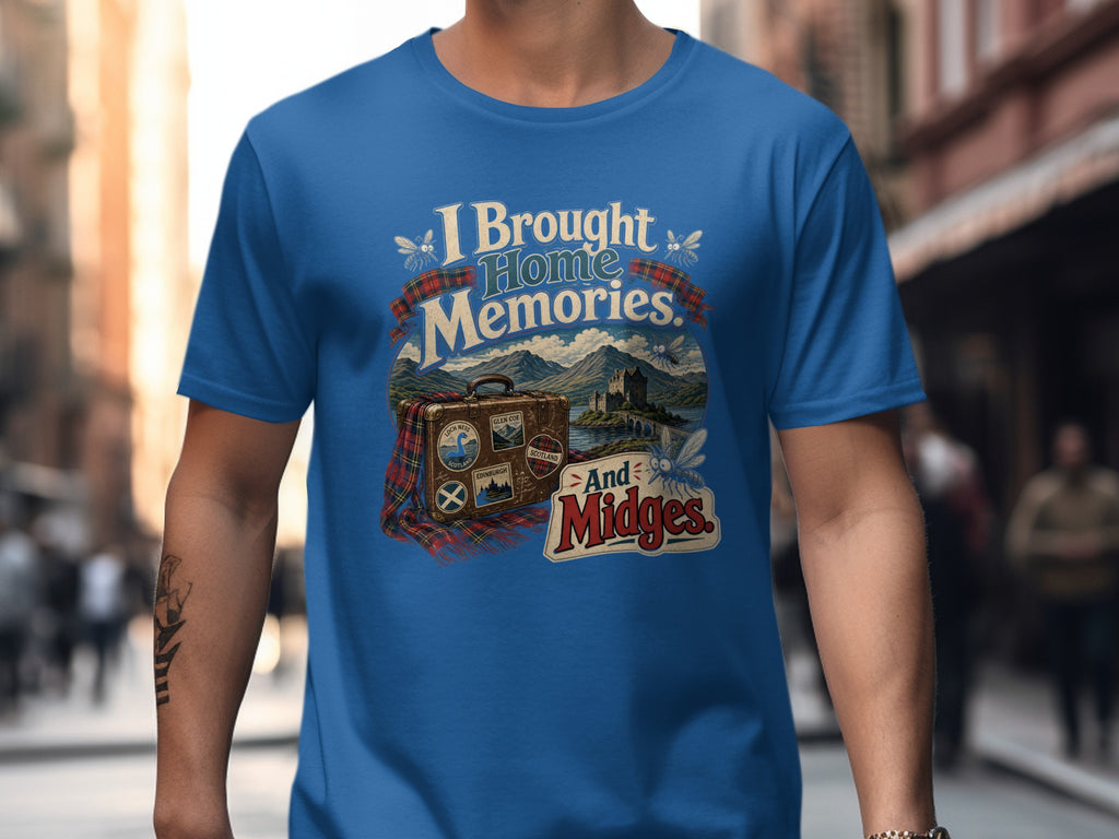 Blue t-shirt graphic: "I Brought Home Memories. And Midges." with suitcase and Scottish landmarks.