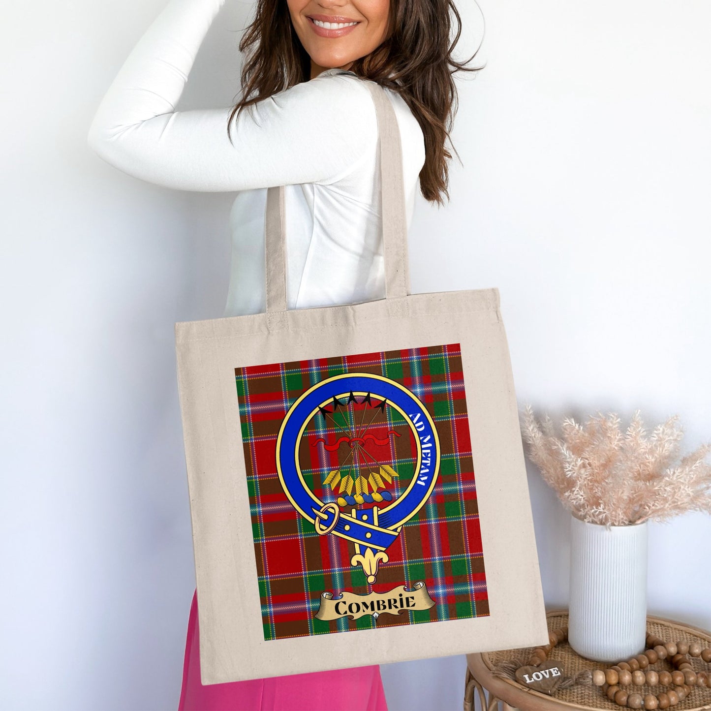 Combrie Scottish Clan Crest on Tartan Background Tote Bag - Living Stone Gifts