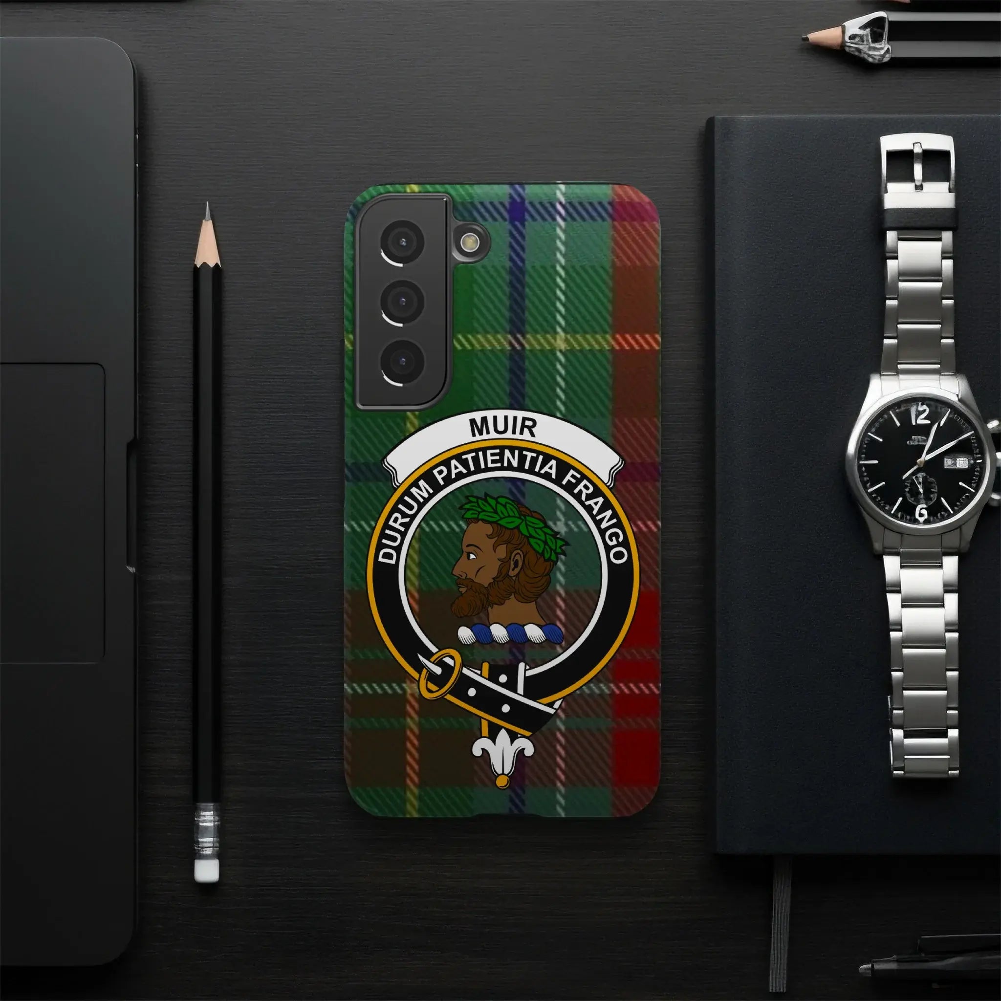 Muir clan crest phone case — Durum Patientia Frango tartan wrap print on Samsung Galaxy