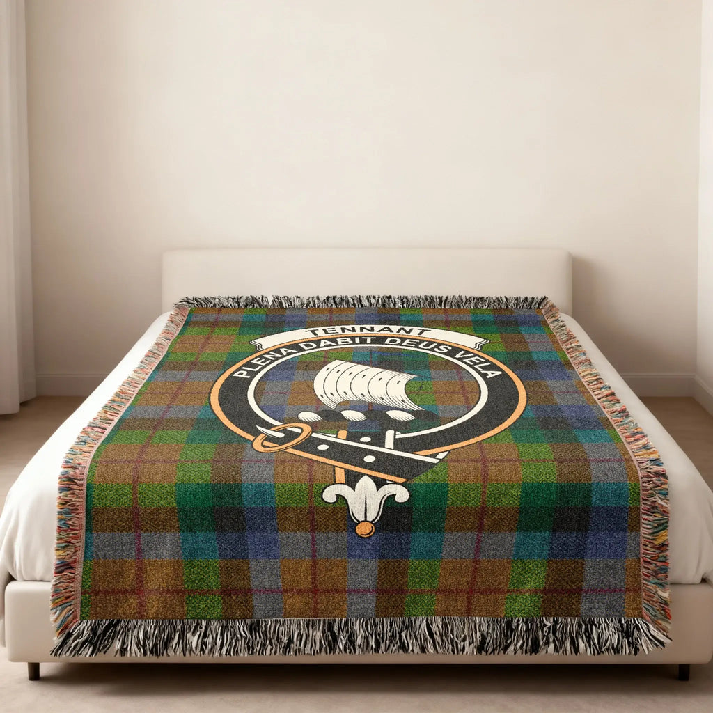 Clan Tennant colourful tartan plaid woven blanket — ship crest detail throughout