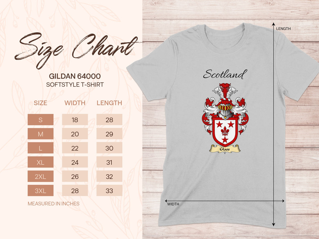 Gildan 64000 size chart for the Glass unisex T-shirt, sizes S to 3XL