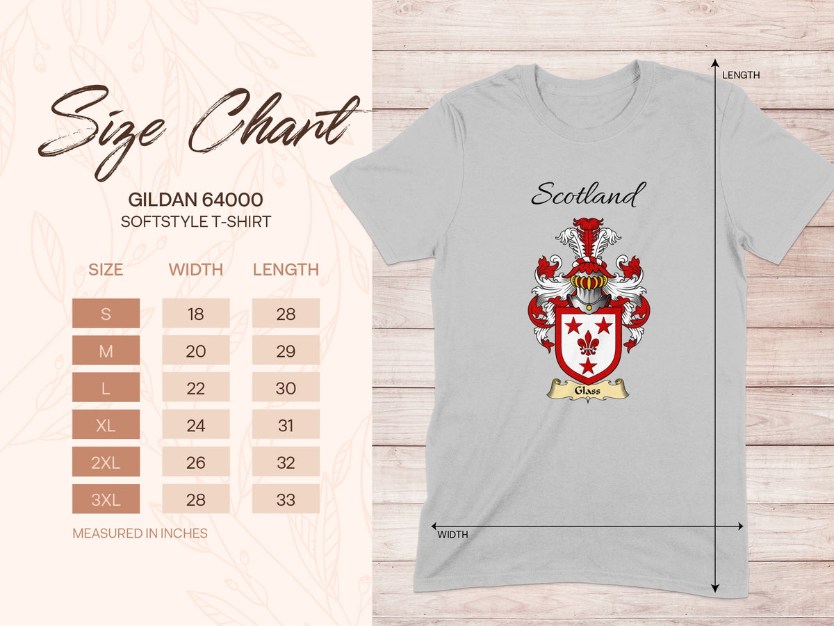 Gildan 64000 size chart for the Glass unisex T-shirt, sizes S to 3XL