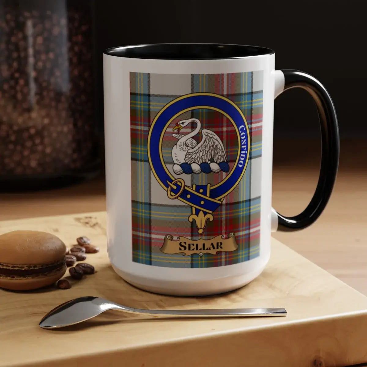 Close-up of the Sellar clan crest printed on a ceramic mug