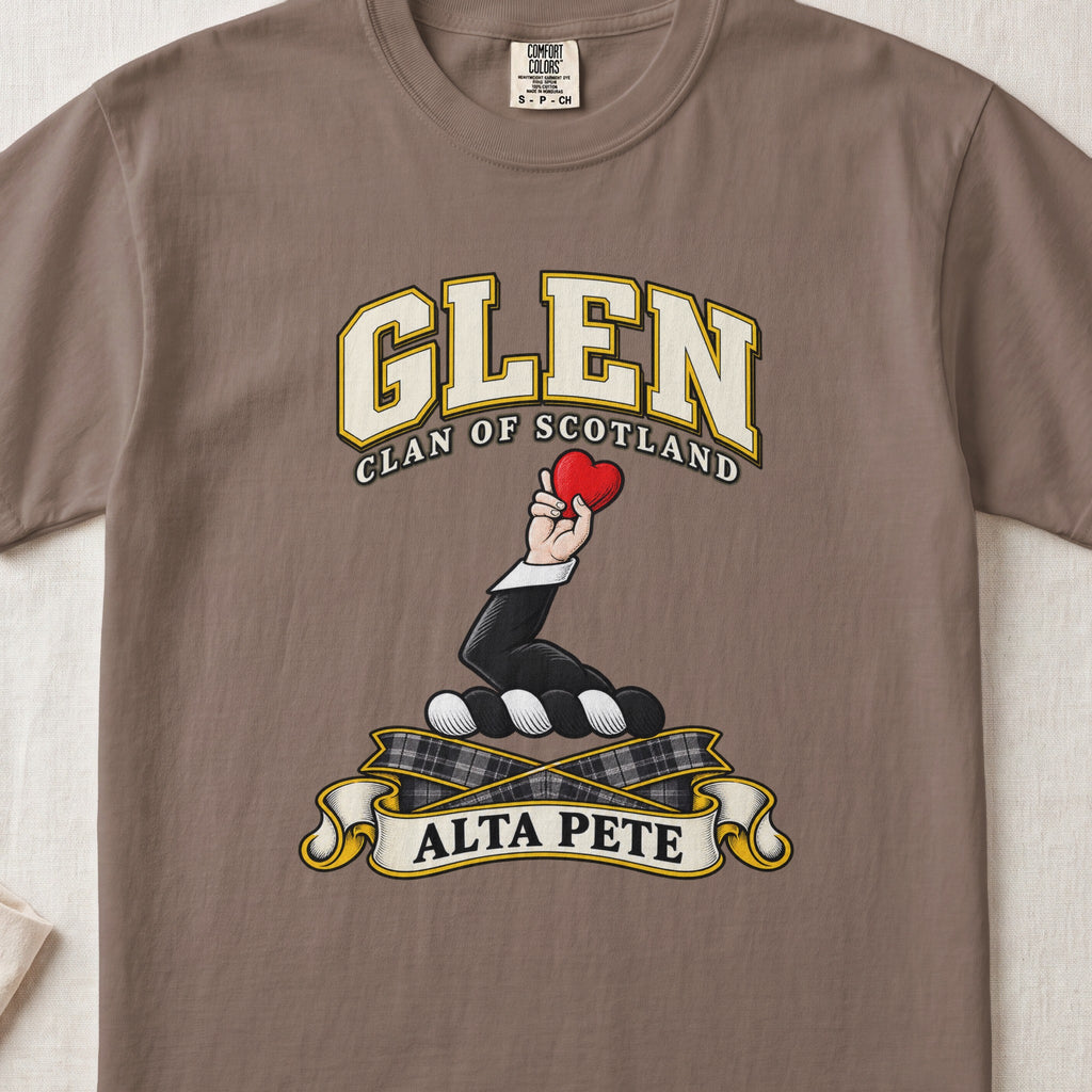Glen Scottish clan T-shirt in Espresso, front view with a hand holding a red heart and motto banner.