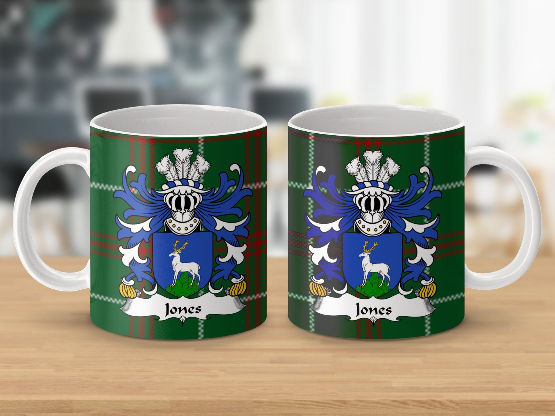 Jones Family Crest on Tartan Background Mug - Living Stone Gifts