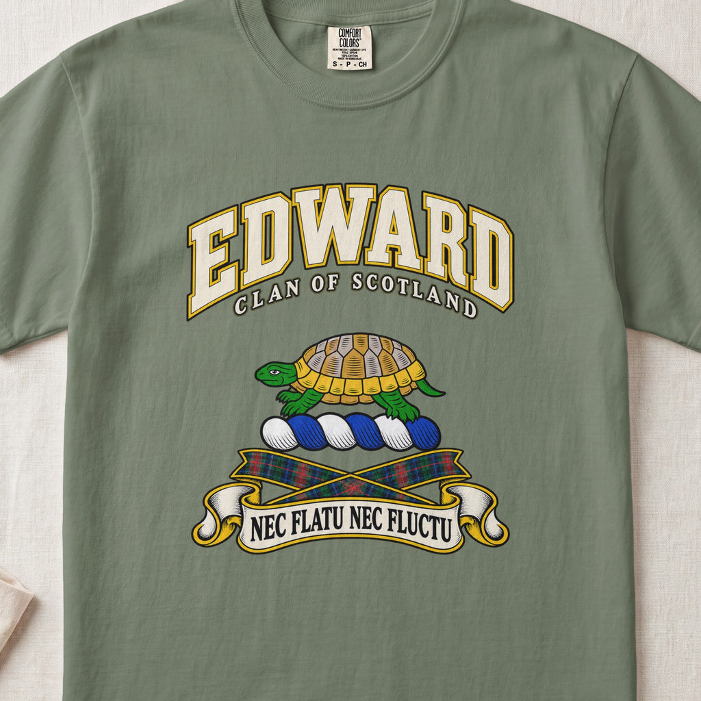 Edward Scottish clan T-shirt in Moss, front view with a green and gold tortoise and motto design.