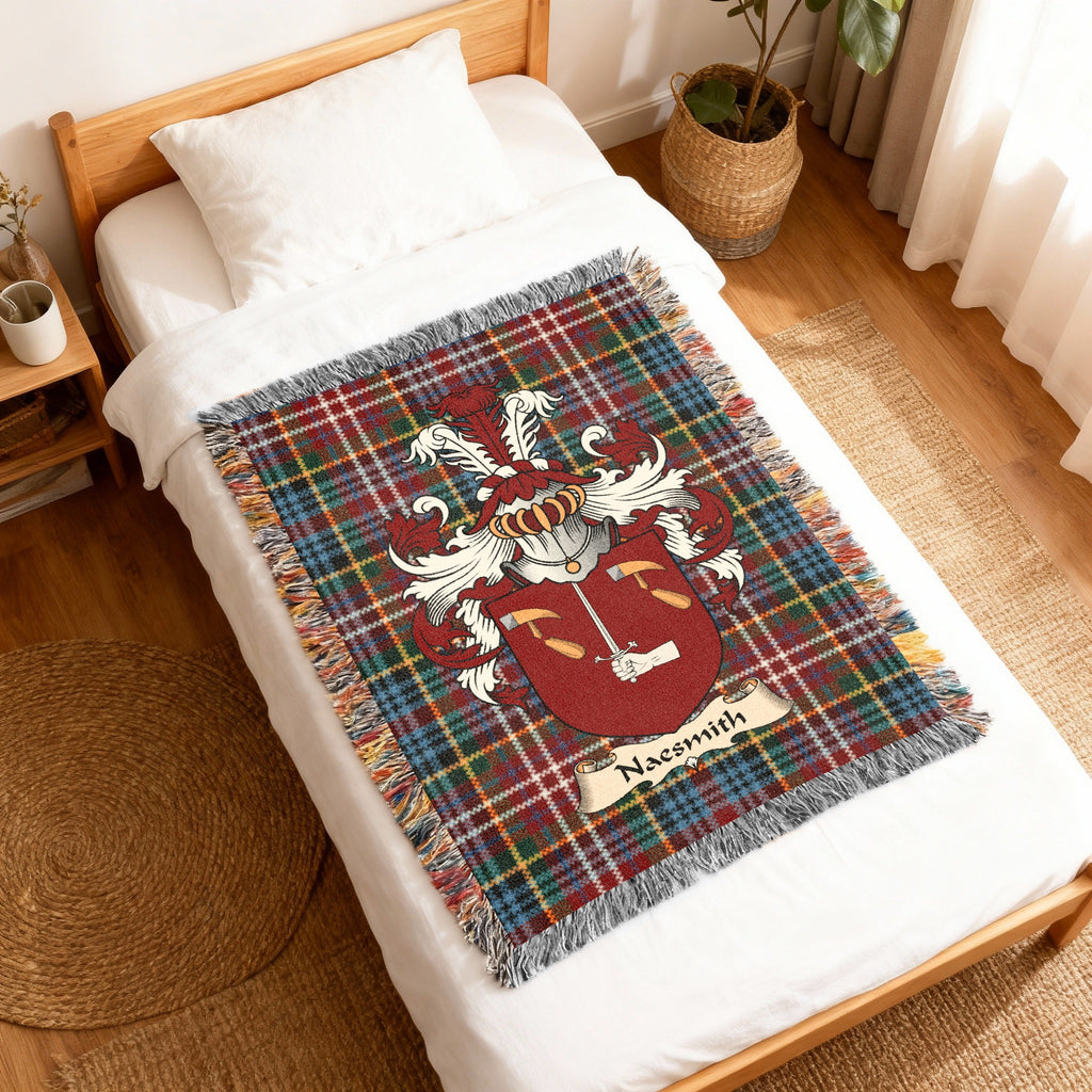 Naesmith Caledonia tartan heritage woven throw blanket with family shield