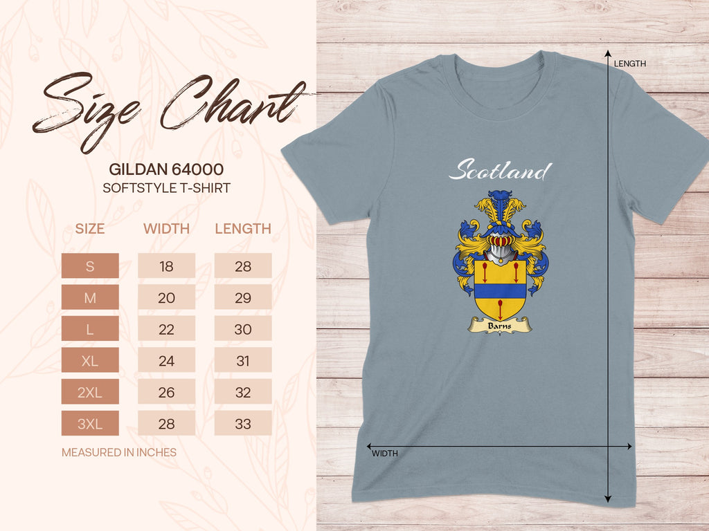Gildan 64000 size chart for Barns Scottish family shield T-shirt