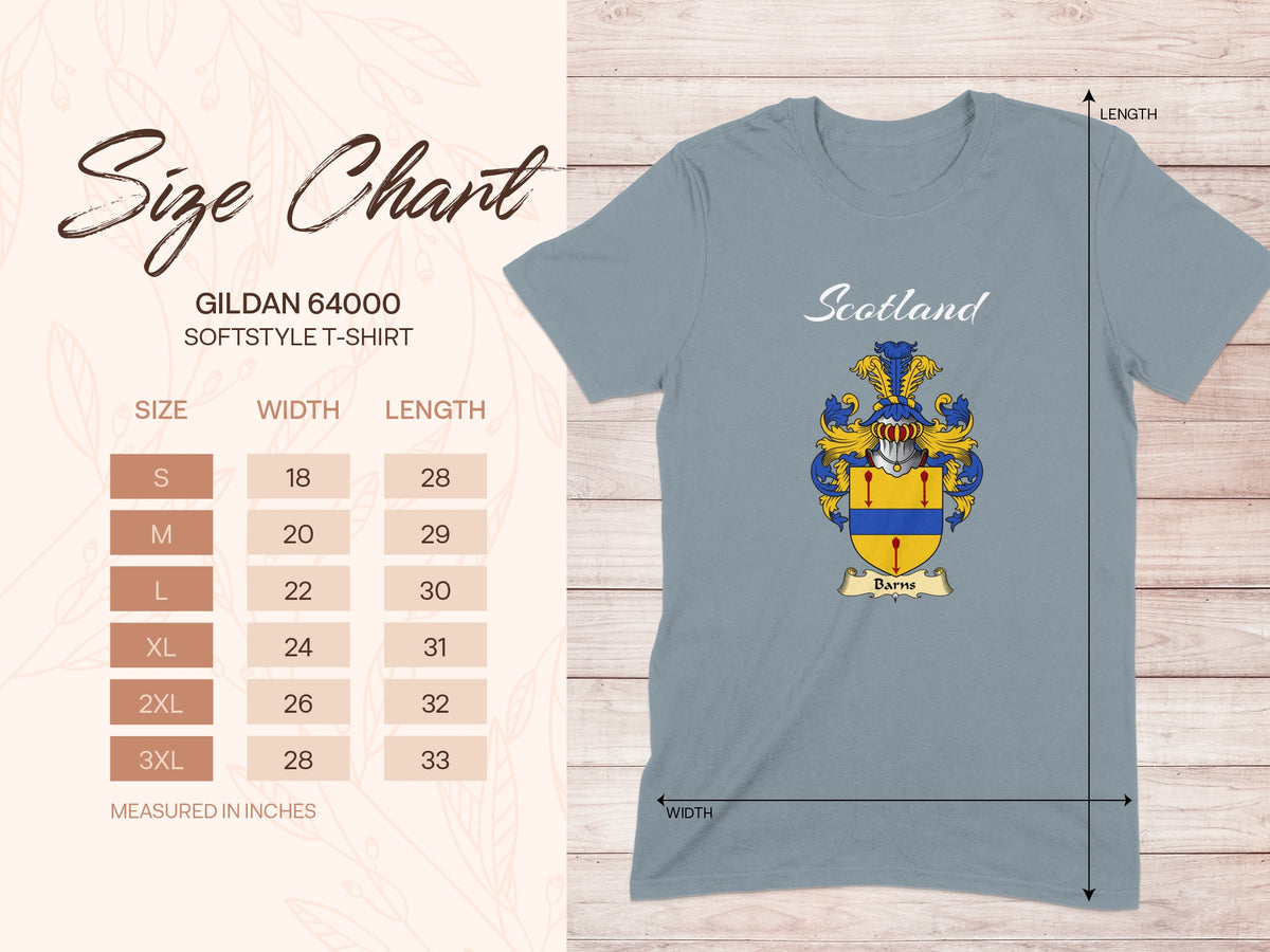 Gildan 64000 size chart for Barns Scottish family shield T-shirt