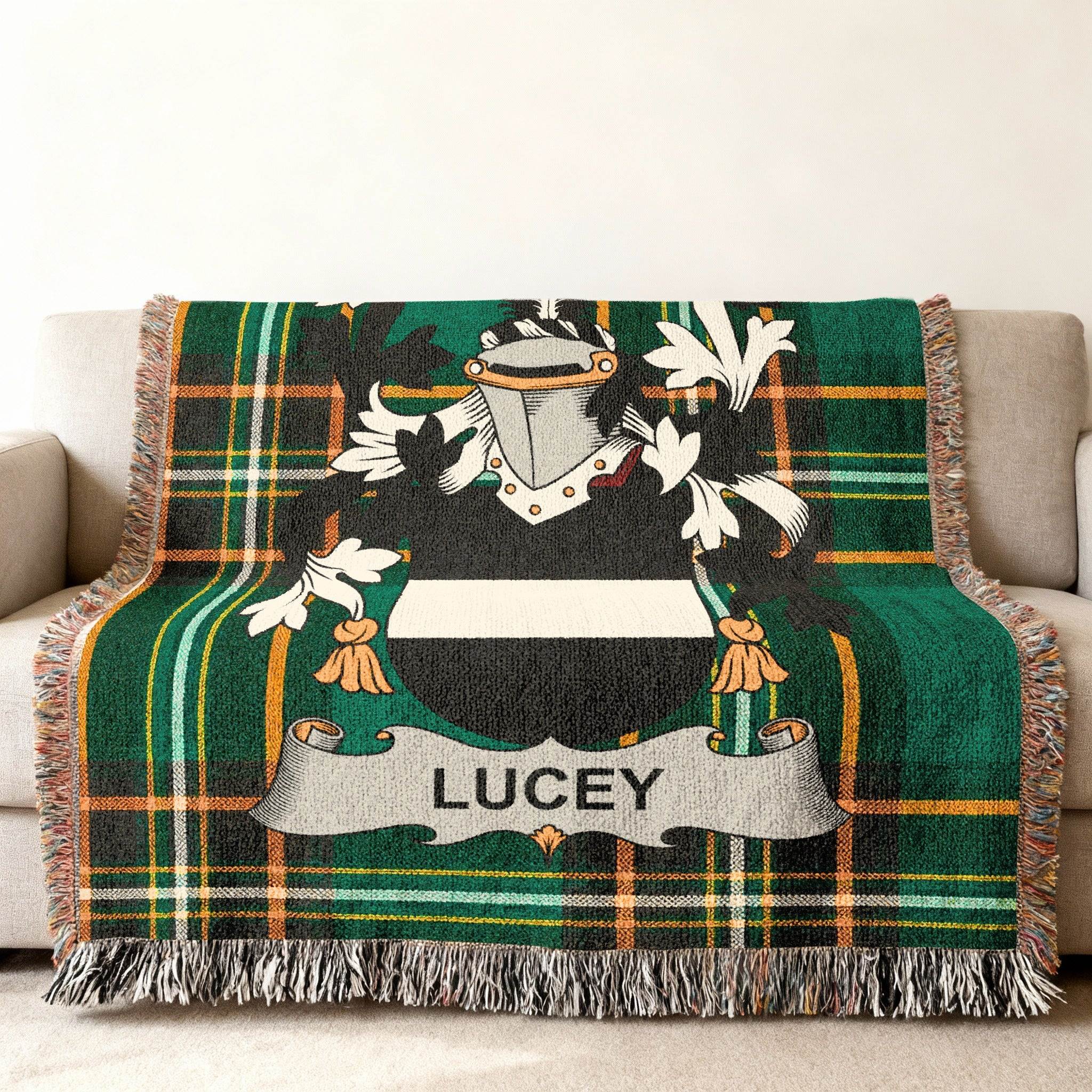 Green tartan throw blanket featuring the Lucey family crest.