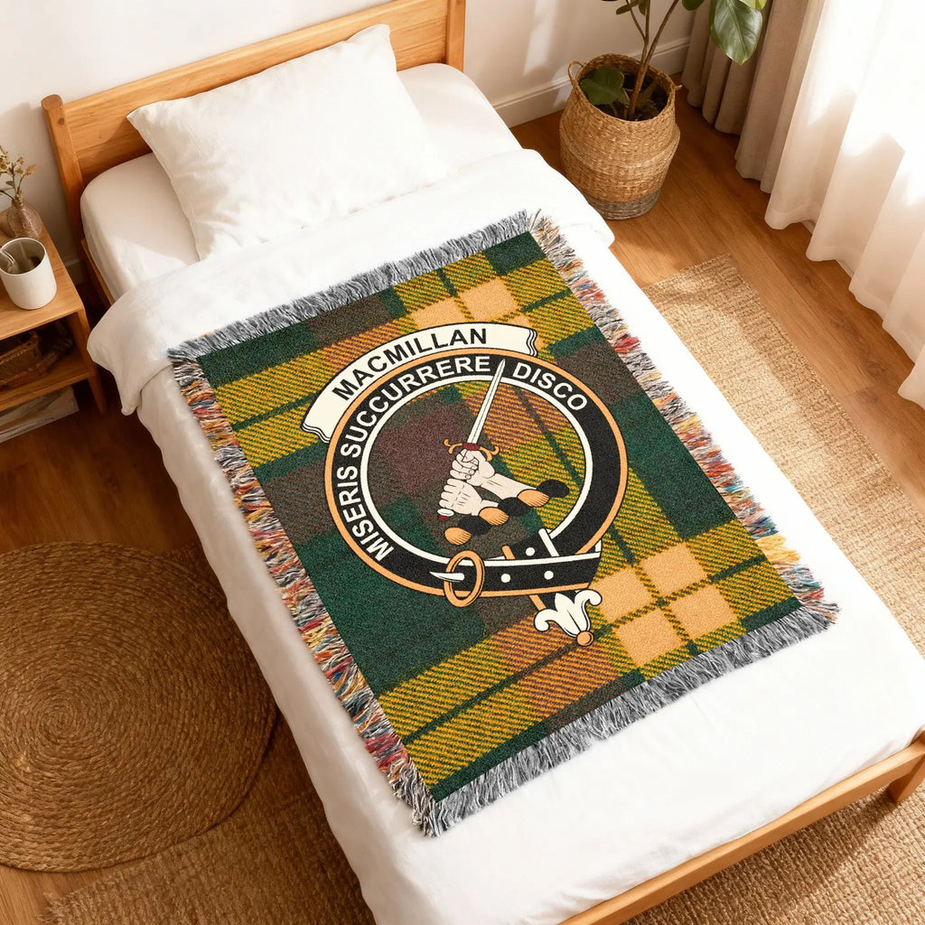 MacMillan clan motto Miseris Succurrere Disco woven into tartan blanket detail