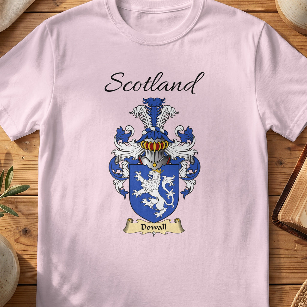 Light Pink Dowall Scottish family shield T-shirt featuring a white lion on a blue shield