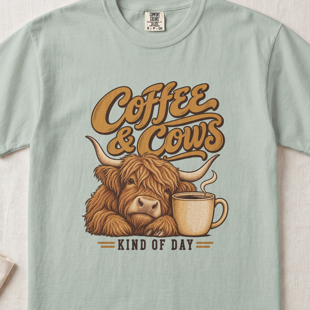 Coffee & Cows Kind of Day Highland cow design on a Bay Comfort Colors 1717 T-shirt, flat lay