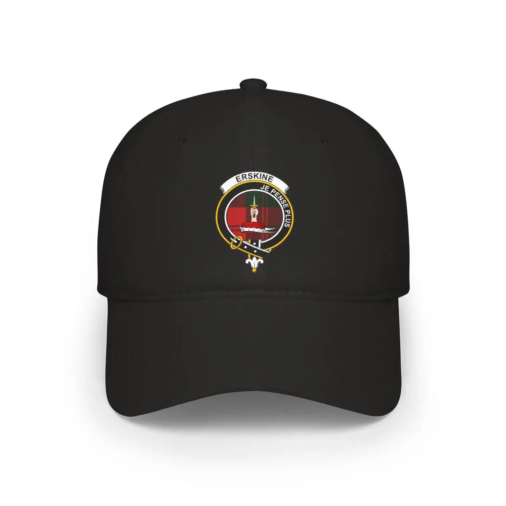 Clan Erskine crest baseball cap in black — low-profile cotton, printed clan crest and motto Je Pense Plus