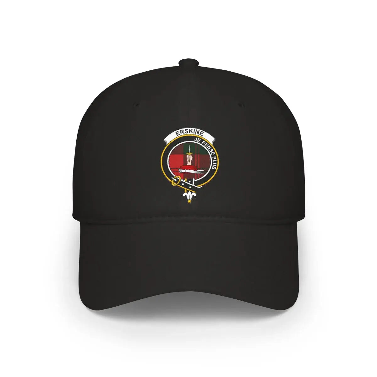 Clan Erskine crest baseball cap in black — low-profile cotton, printed clan crest and motto Je Pense Plus