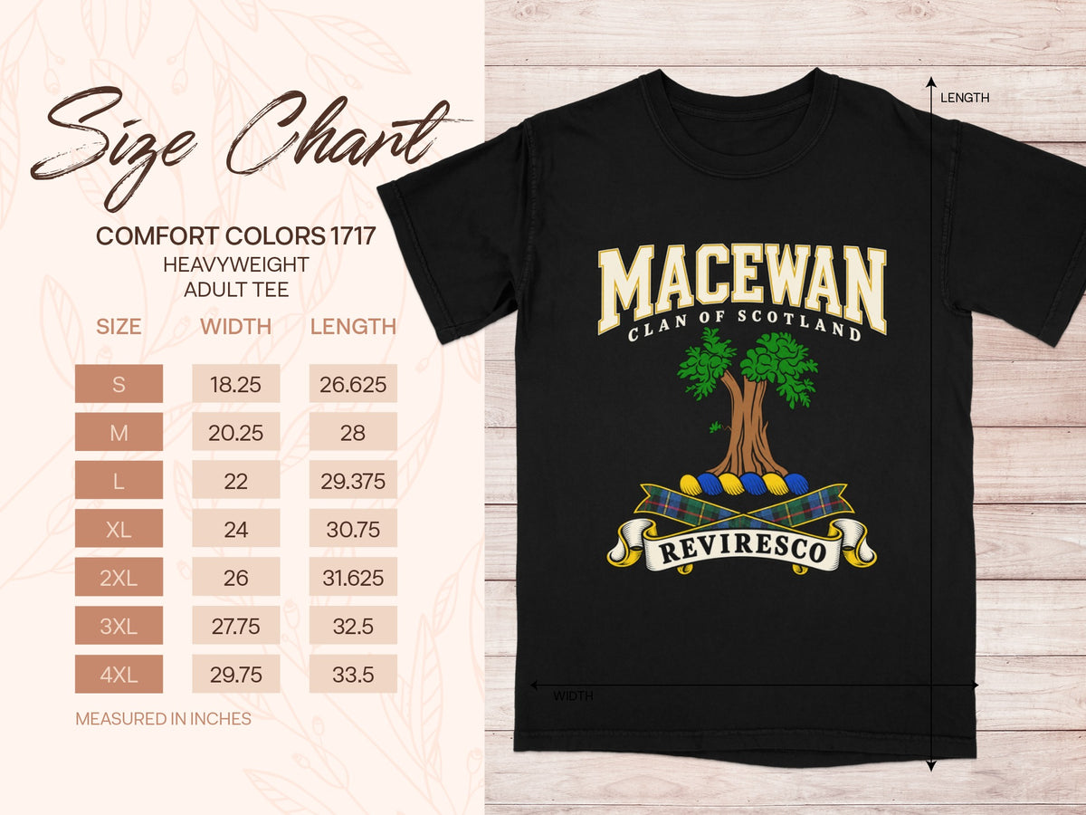 MacEwan Comfort Colors 1717 T-shirt size chart with black shirt illustration