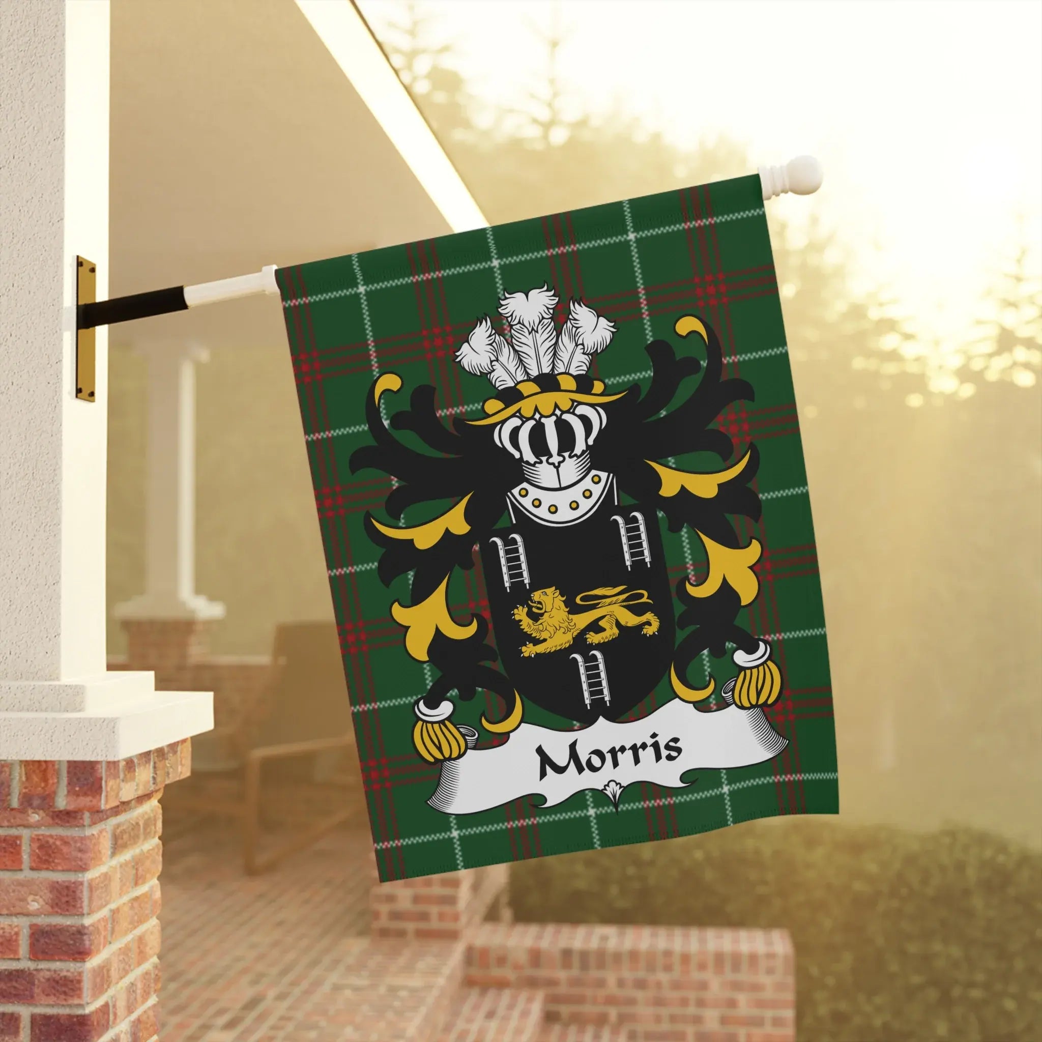 Green tartan flag with Morris family crest and name.