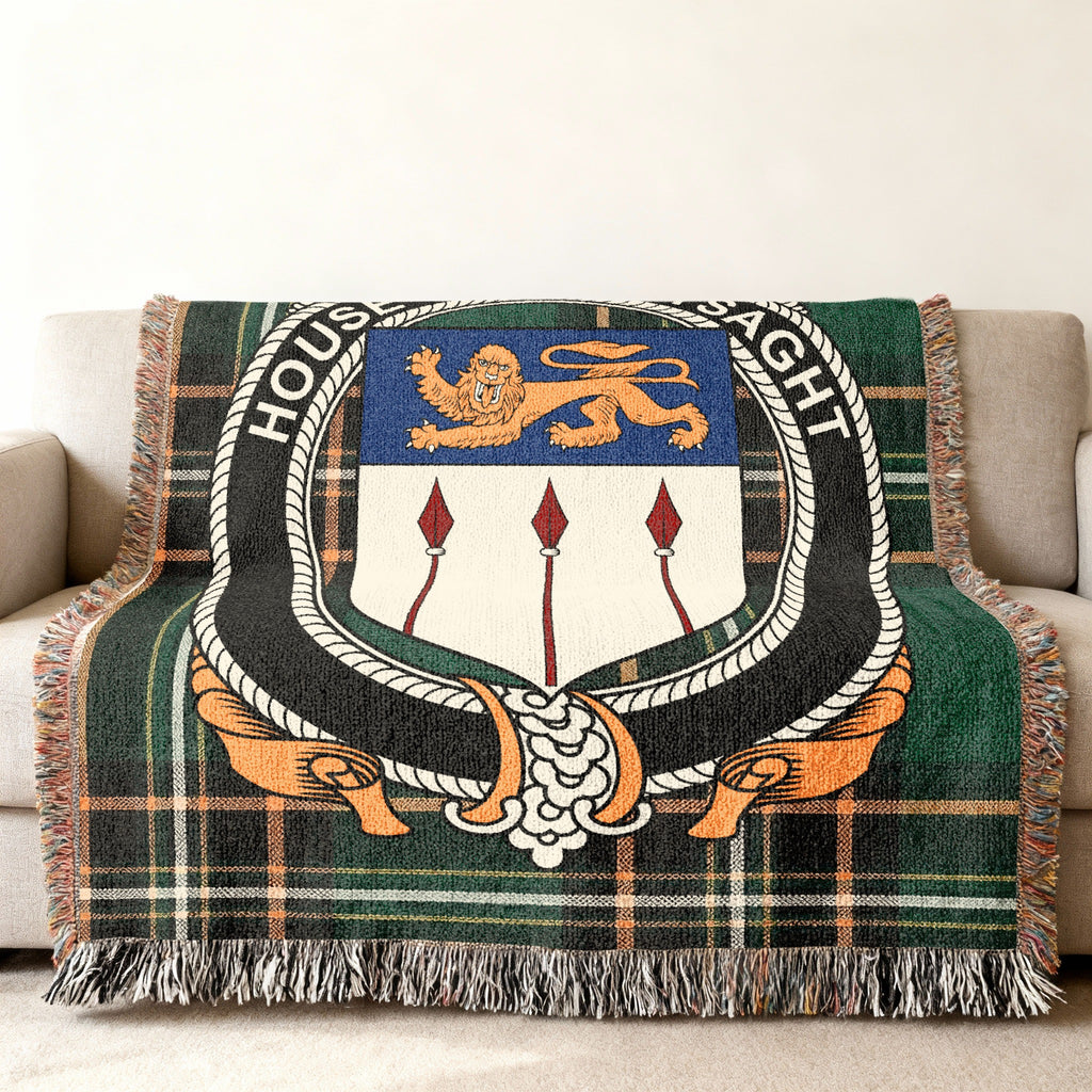 MacLysaght Irish National Tartan woven blanket displayed on a sofa